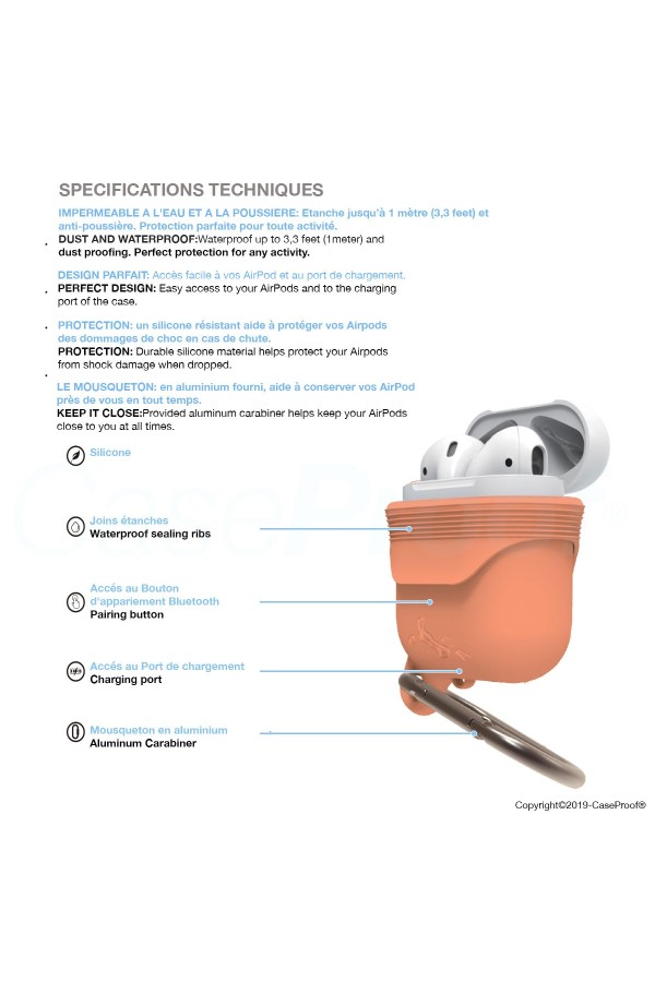 Airpods - Housse de protection Antichoc Etanche en silicone - Papaye